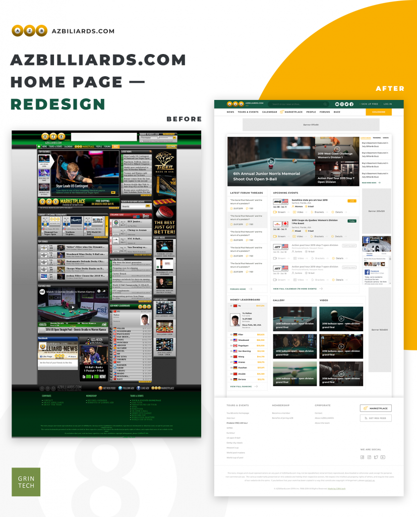 Azbilliards home page before and after redesign