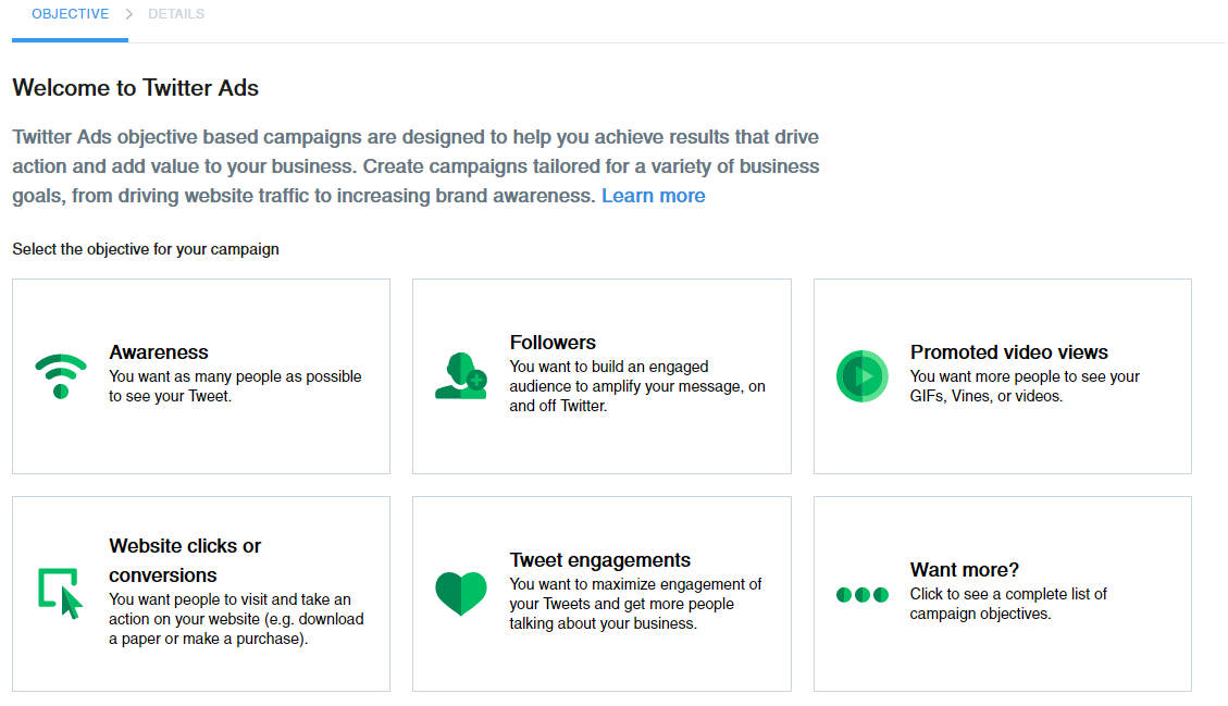 advertising channels for business - twitter ads objective