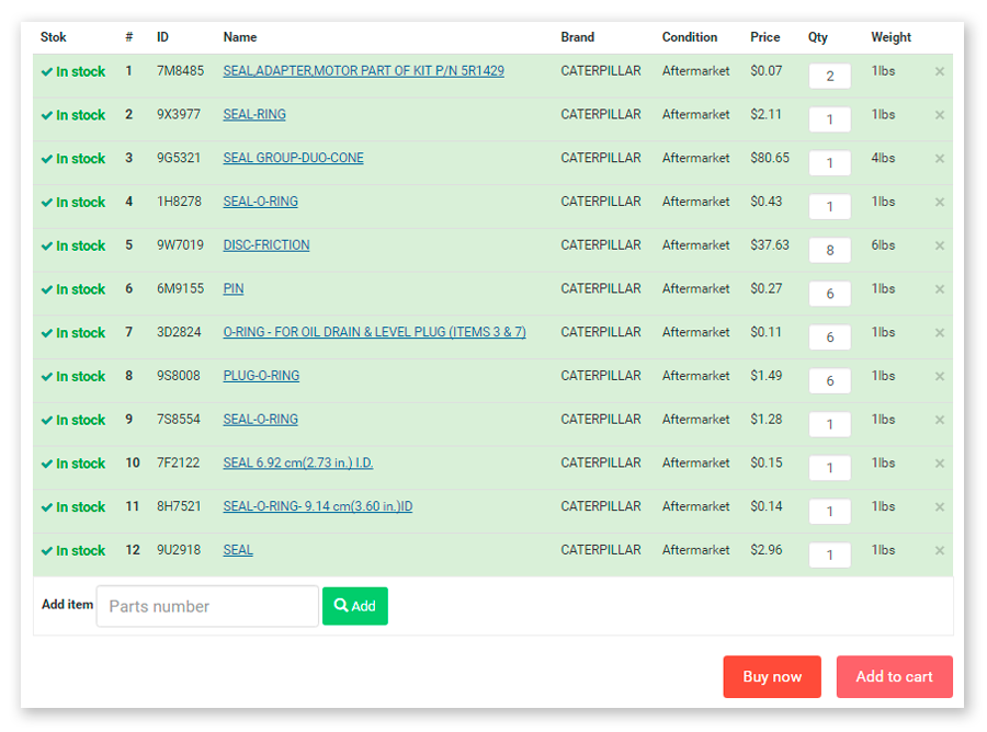 "Wholesale request" option helps you search the list of spare parts using multiple codes