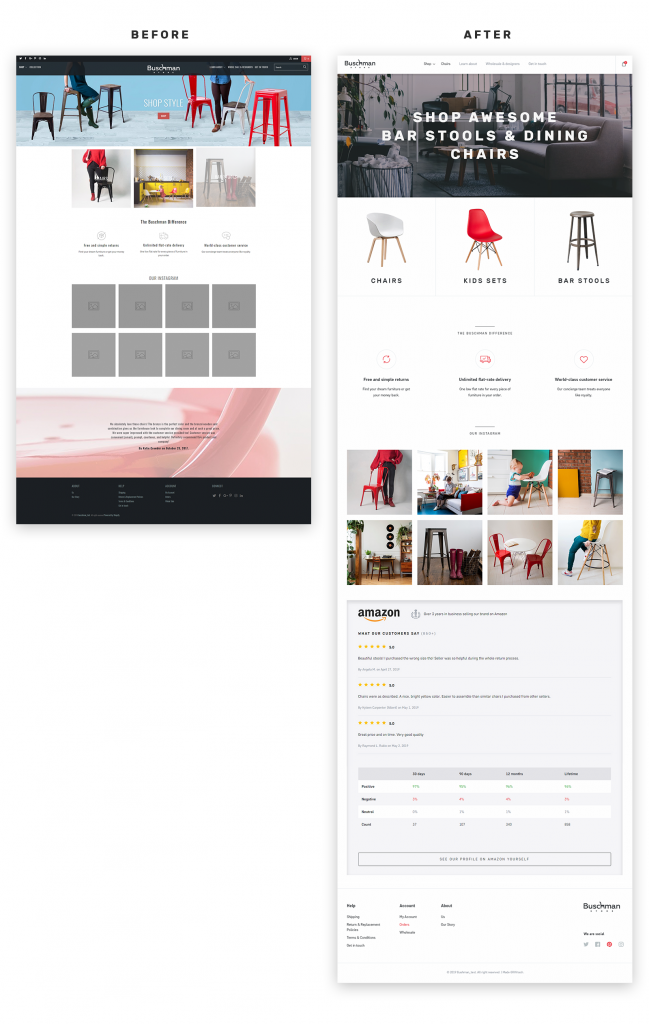 Buschmanstore home page before and after redesign